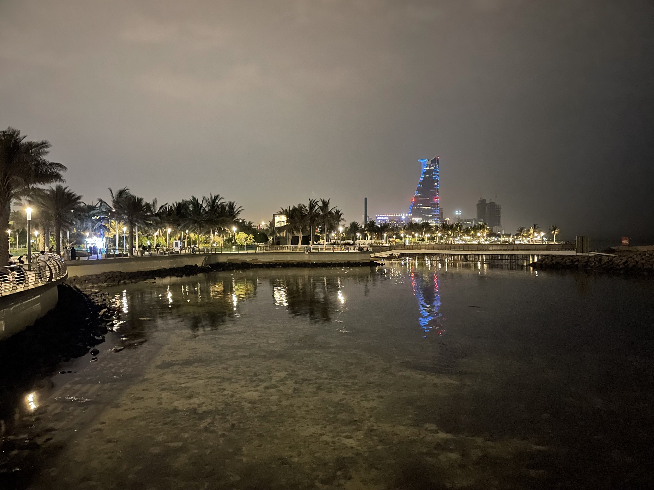 Jeddah Corniche waterfront lights along the Red Sea at night